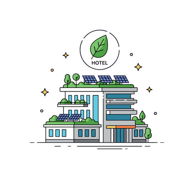 Green architecture hotel concept showing a compact modern building covered with rooftop greenery and solar panels while a leaf shaped emblem highlights