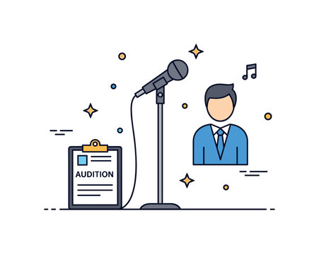 Band audition performance centered on a microphone stand and a simple singer silhouette while a small clipboard labeled ?Audition? rests nearby. Musical scene