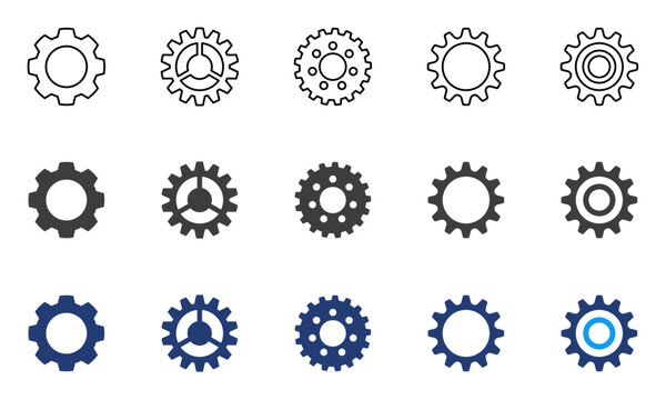 Gear icon set, mechanical, engineering theme, industrial design, cogwheel variations, machinery