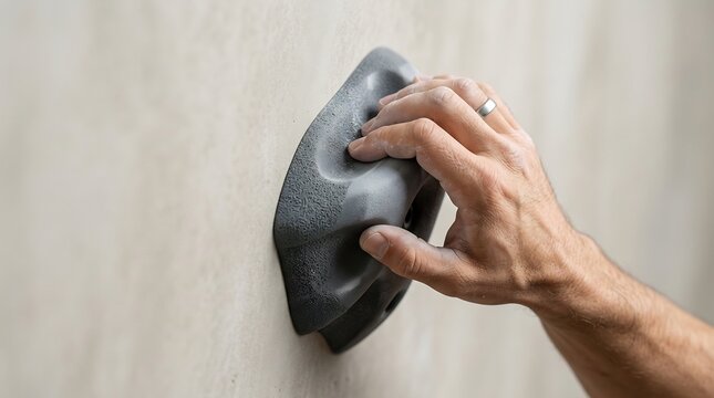 Close-up of a climber's hand gripping a hold on an indoor climbing wall