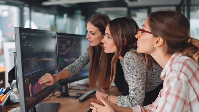 Businesswomen discuss innovative marketing strategies in a modern office setting during a weekday afternoon