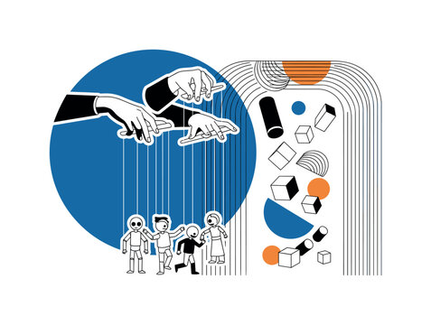 retro puppet master hands controlling strings attached to puppets below, black and white hands and puppets with white cut-out contour, giant blue circle