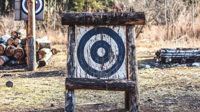 Wooden archery target standing in outdoor shooting range