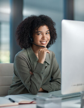Portrait, customer care and woman in call center, smile and assistance at help desk with computer. Happy agent, headset and person in office with technology for support, contact us and confidence