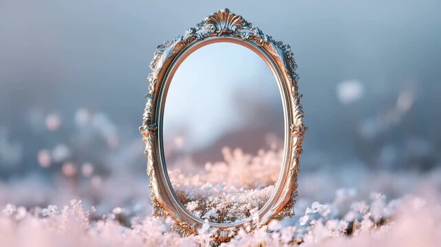 The video shows a glowing ornate mirror standing amidst a soft, snowy background. The mirror reflects the surroundings, inviting viewers to contemplate self-reflection and beauty