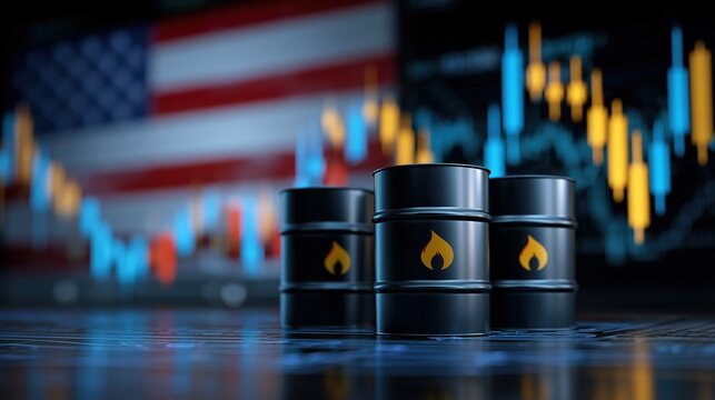 Barils de p&eacute;trole noirs avec graphiques financiers et drapeau am&eacute;ricain