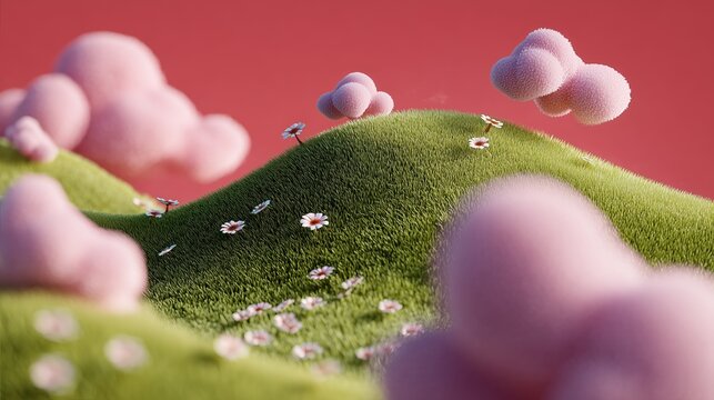 Paysage fantastique avec collines verdoyantes et marguerites sous ciel rose