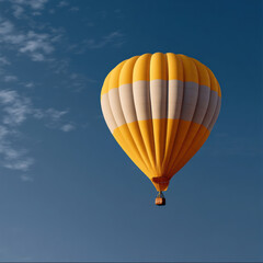 Obraz premium Yellow hot air balloon floats peacefully in clear blue sky, adventure and freedom concept, travel and leisure activity