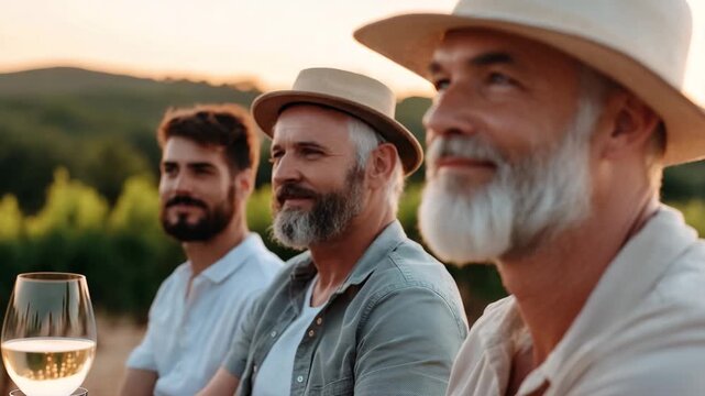 Group of men sit together outdoors in nature at sunset. They enjoy wine and share laughter. The atmosphere is lively as they engage in conversation and good times