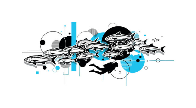 school of fish swimming around diver abstract circles lines and geometric shapes representing biodiversity underwater black and white retro fish silhouettes