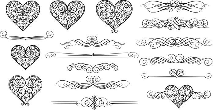 Filigree curly Calligraphic Heart, Fancy Line Flourishes Swirls hearts, curve romantic love separator, Valentines Day divider flourish Swirl, Calligraphy Flourish lettering header hearts scroll