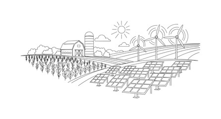 Fototapeta premium Eco-Friendly Farm Scene. Minimalistic one-line drawing farm landscape with renewable energy features like solar panels and small wind turbines, continuous