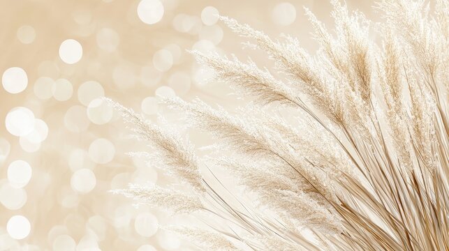 Golden pampas grass plumes sway gently in soft light with blurred bokeh circles creating a serene natural backdrop.