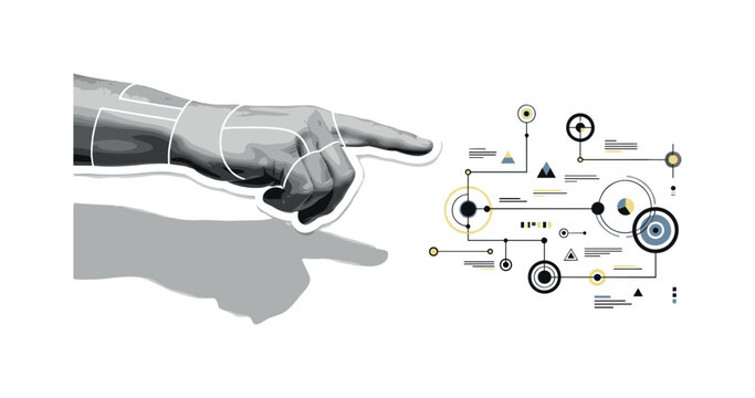 human hand pointing at globe with language markers abstract semicircles lines and geometric blocks symbolizing global language learning black and white retro