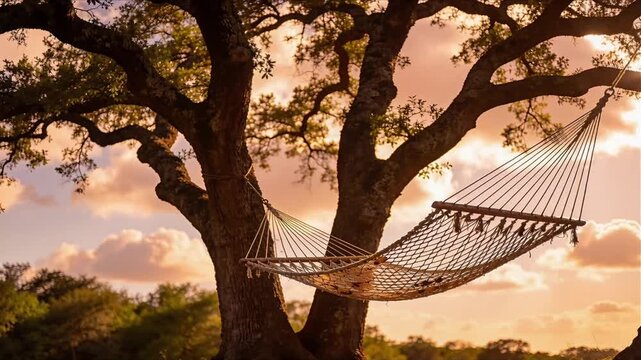 hammock swaying between two trees at sunset for stress awareness and relaxation concept