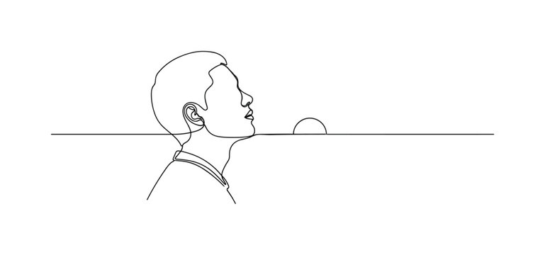 Positive Outlook. Minimalistic one-line drawing person looking toward a rising sun on the horizon symbolizing optimism and hopeful thinking, continuous single