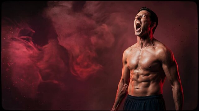 Shirtless muscular man shouting in red smoke background with intense energy, strength and powerful fitness concept with copy space.