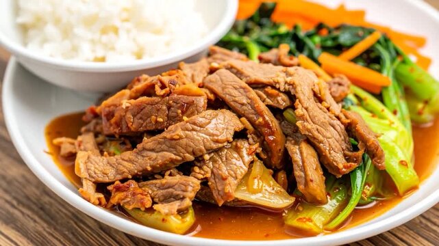 A vibrant culinary presentation featuring sliced meat, rice, and vegetables in a white dish
