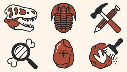 Paleontology icon set with dinosaur skull trilobite and amber fossils © Ghaghah24