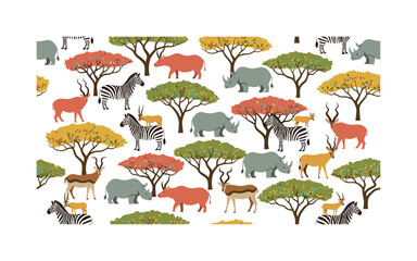 Fototapeta premium African safari animals seamless pattern, repeating pattern, surface design, textile print, modern illustration of zebras, rhinos, antelopes, and acacia trees