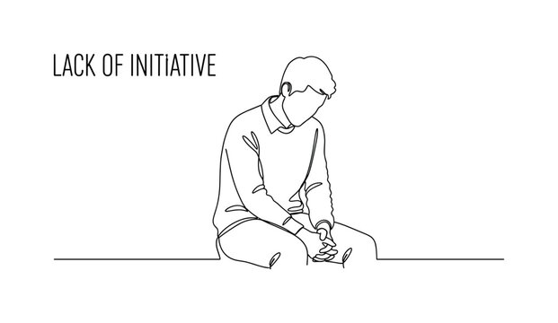 Lack of Initiative. Minimalistic one-line drawing person with slouched posture and hands in lap representing inactivity and passivity, continuous single black