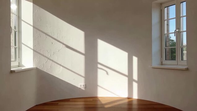 Sunlight streaming through windows illuminating an empty room with wooden floor.