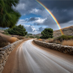 Fototapeta premium Winding dirt road stone wall rainbow dramatic sky countryside green tree landscape nature outdoor scenic view