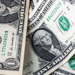 American one dollar banknotes wallpaper. Close up of money. Wealth concept, free trade, business concept background. close up of one dollar bills. © mitsyko1971