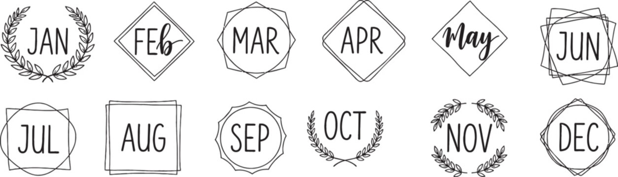 A set of twelve decorative frames, each featuring a three-letter abbreviation for a month of the year, with various unique border designs.