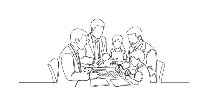Lawyer Helping Family. Minimalistic one-line drawing lawyer assisting a family with legal forms during outreach program, continuous single black line on white