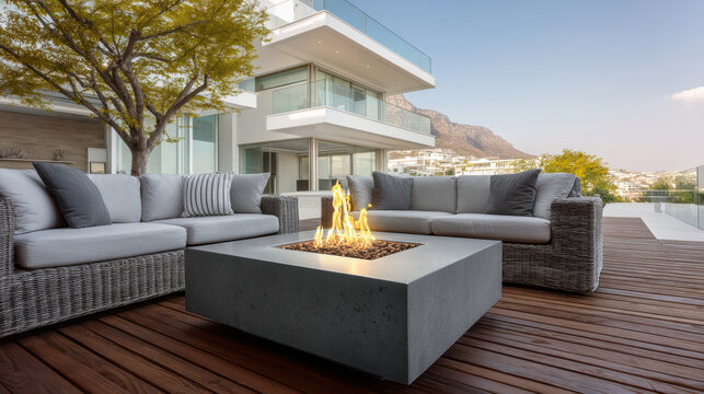Modern outdoor deck with comfortable wicker sofa, fire pit, wooden floor, glass railing, and mountain view, creating cozy atmosphere