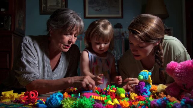 Loving women spend quality time with their daughter as they engage in colorful playtime together on a cozy evening at home