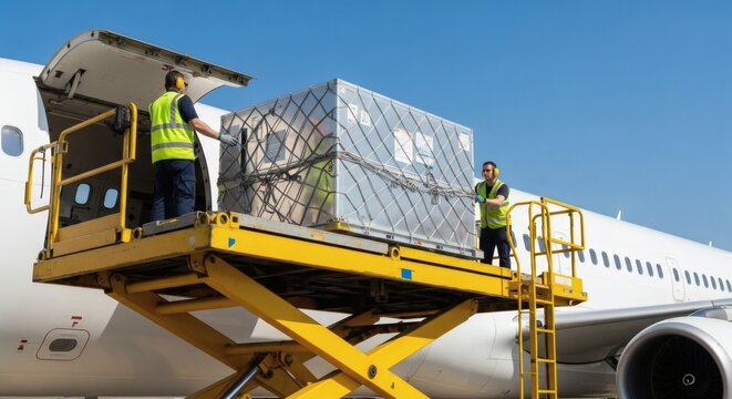 Airport ground crew loading a large aluminum cargo container onto a passenger airplane's belly compartment using a hydraulic loader during air freight operations.