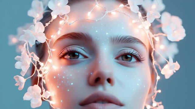A captivating concept showcases a woman's face adorned with flowers and lights. This artistic expression highlights the essence of Women's Day through beauty and creativity