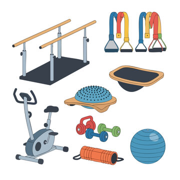 Exercise equipment assortment parallel bars, exercise bike, dumbbells, balance board, foam roller, stability ball