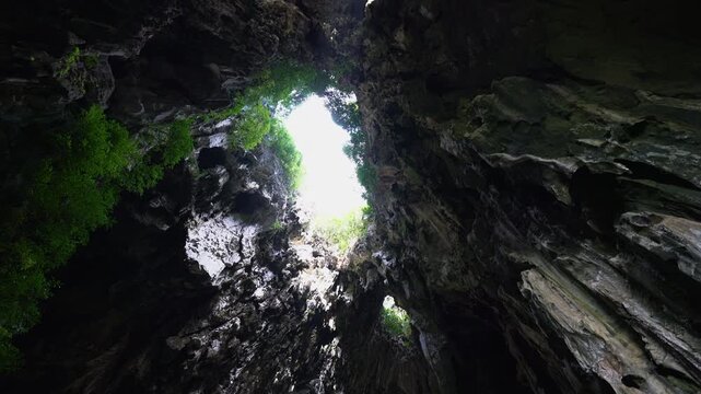 Natural skylight illuminating the interior limestone formations and lush green plants within Khao Chang Lon Cave in Songkhla Southern Thailand.