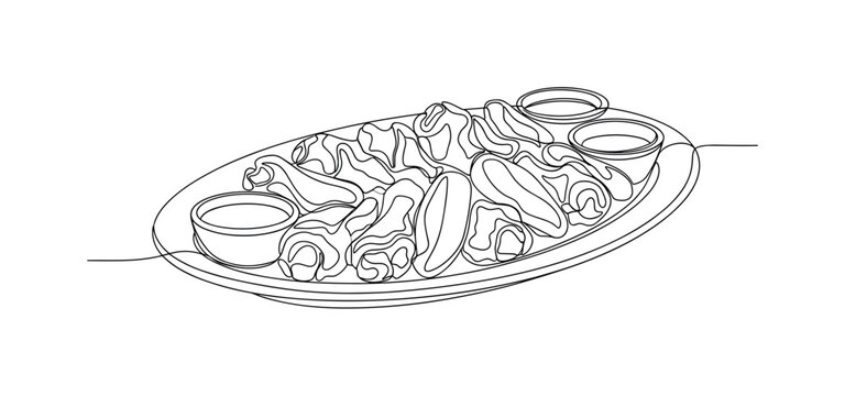 Party Chicken Wings. Minimalistic one-line drawing platter of chicken wings ready to serve at party, continuous single black line on white background, simple