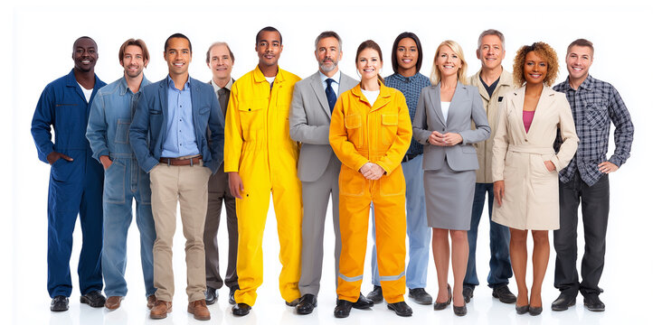 Team of  diverse people, professional workers and office employees in row isolated on white background, business company staff corporate group photo, labor day
