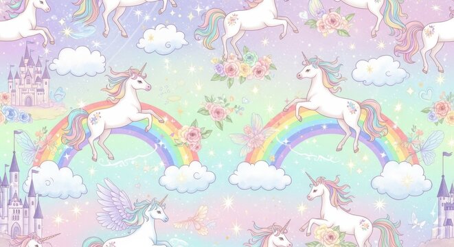 a colorful unicorn wallpaper with rainbows and clouds and castles whimsical design rainbow backgroun