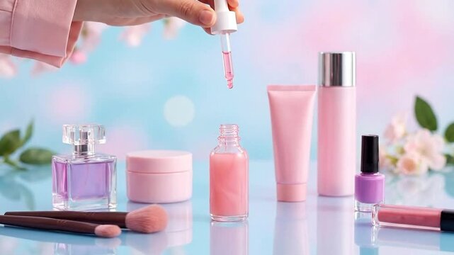 Delicate Pink Skincare and Makeup Collection with Dropper Application