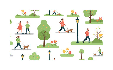 Fototapeta premium Morning walk in city park seamless pattern, joggers walkers dogs trees flowers and park lamps arranged in a repeating pattern, white background with fresh