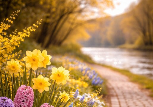 Weg am Fluss Fr&uuml;hling Ostern Osterblume Serie