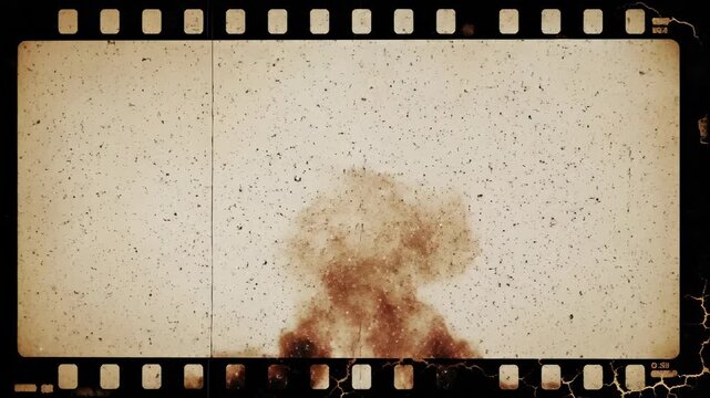Vintage film strip frame with scratches and dust featuring a growing mushroom cloud of smoke and light leaks, gloomy post-apocalypse atmosphere