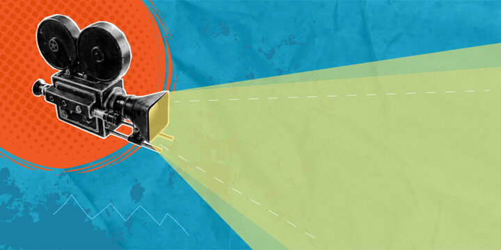 A trendy, creative halftone collage featuring a retro movie camera (high angle) on a blue background. Conceptual art, vintage objects. Advertising space. Vector graphics.