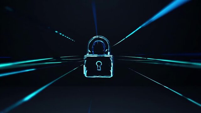 Futuristic wireframe padlock glowing blue against a dark backdrop; neon beams radiate from the center, suggesting cybersecurity and digital protection