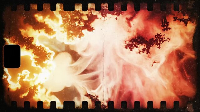 Vintage film strip animation features psychedelic swirling patterns and geometric shapes with glitch effects, colorful abstract art. Concept of retro creativity and memory decay