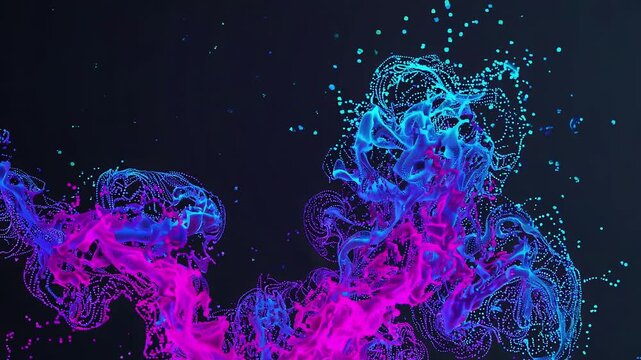 Abstract 3D art of neon blue and magenta ribbons formed by glowing dots, swirling in a dark space; futuristic, dynamic data-inspired composition
