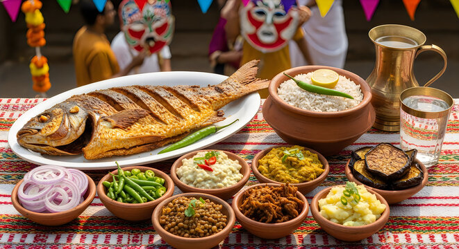 Traditional Bengali platter with fried hilsa fish and festive sides for Pohela Boishakh celebration
