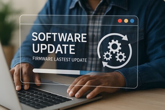 Person is using a laptop displaying a "software update" screen with a progress bar, indicating the ongoing installation of new firmware.