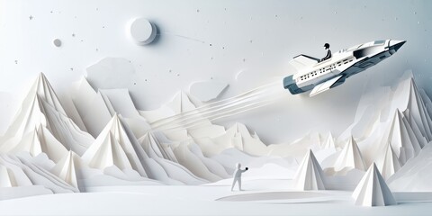 Fototapeta premium Papercraft scene depicts space shuttle flight over snowy peaks. Astronaut observes launch. Minimalist style, white color palette dominates.